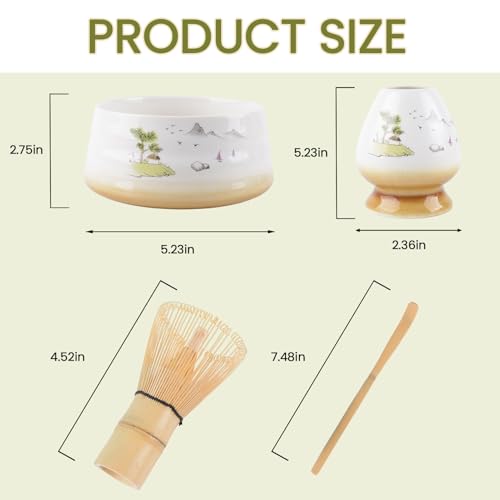 Thés matcha et accessoires pour préparation, 4 sets, bol et balai, motif blanc, usage domestique