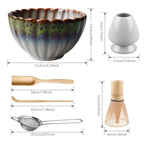 Matcha Japonais Kit, Ensemble de Thé Matcha 6 Pièces, Set Cérémonie Matcha Bamboo Whisk, Cuillère Thé, Bol Céramique Art
