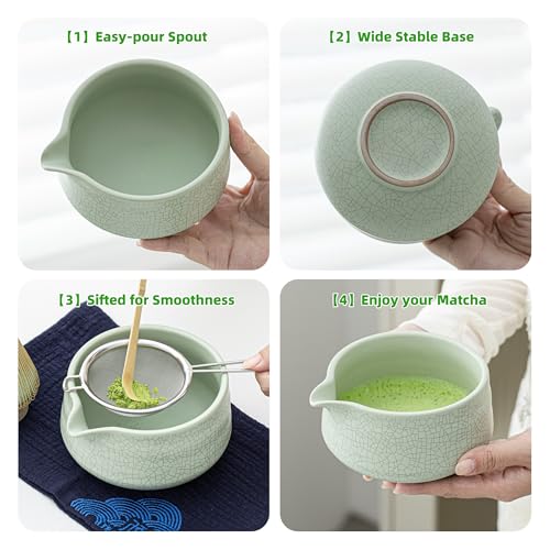 TEANAGOO Ensemble de 7 fouets à matcha vert - Kit de démarrage pour la cérémonie du matcha - Bol à matcha vert avec bec 