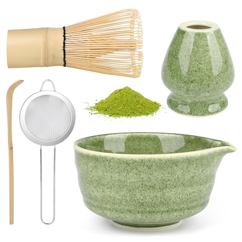 Matcha Kit 5 Pièces pour Cérémonie du Thé, Ensemble Bol et Fouet avec Tamis et Cuillère (D)