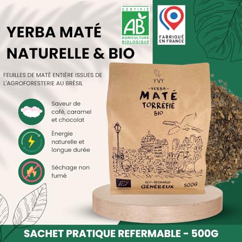 YVY MATÉ Yerba Mate Bio Torréfié 500g | Maté Bio Équitable et Non Fumé | Idéal pour consommation quotidienne | Boisson c