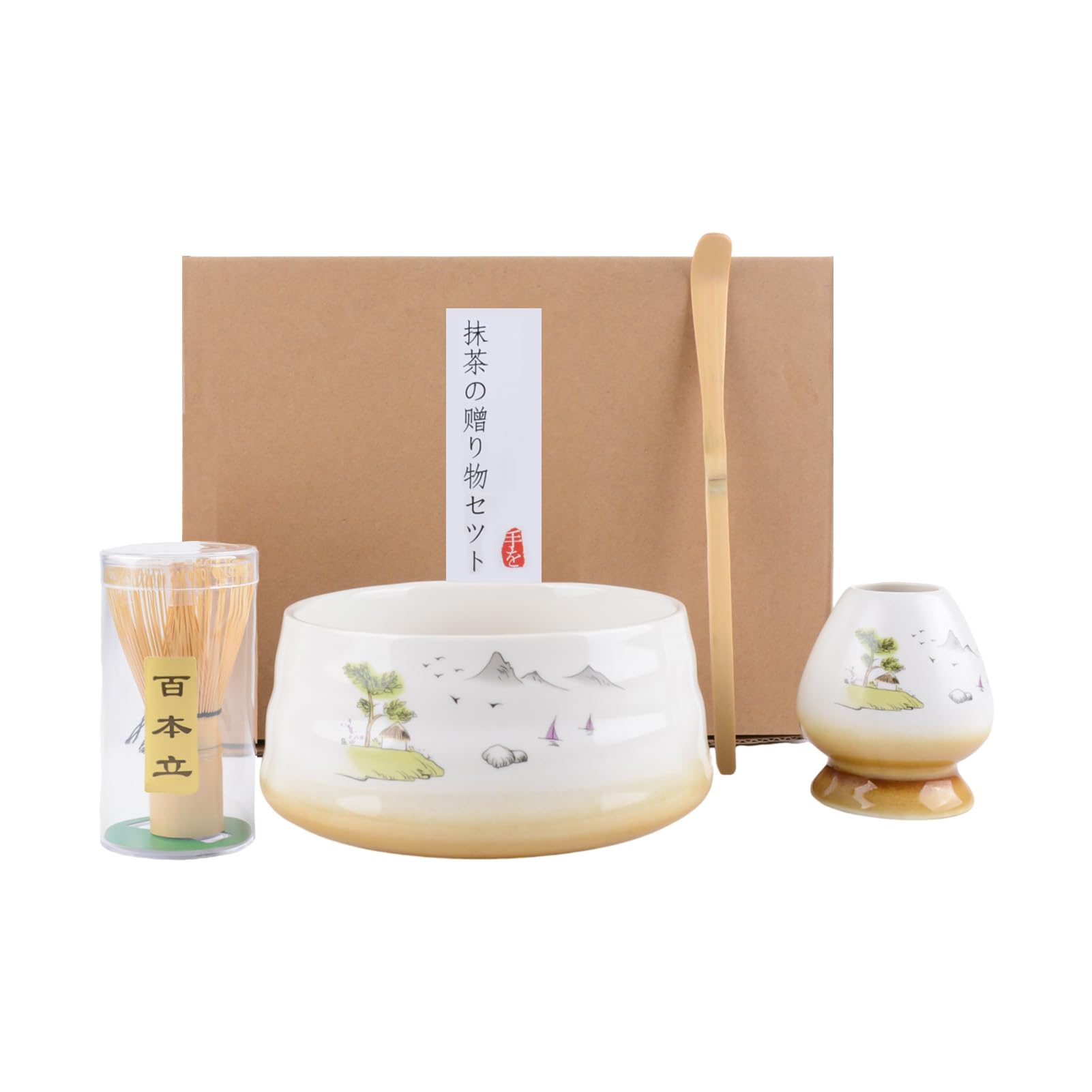 Thés matcha et accessoires pour préparation, 4 sets, bol et balai, motif blanc, usage domestique