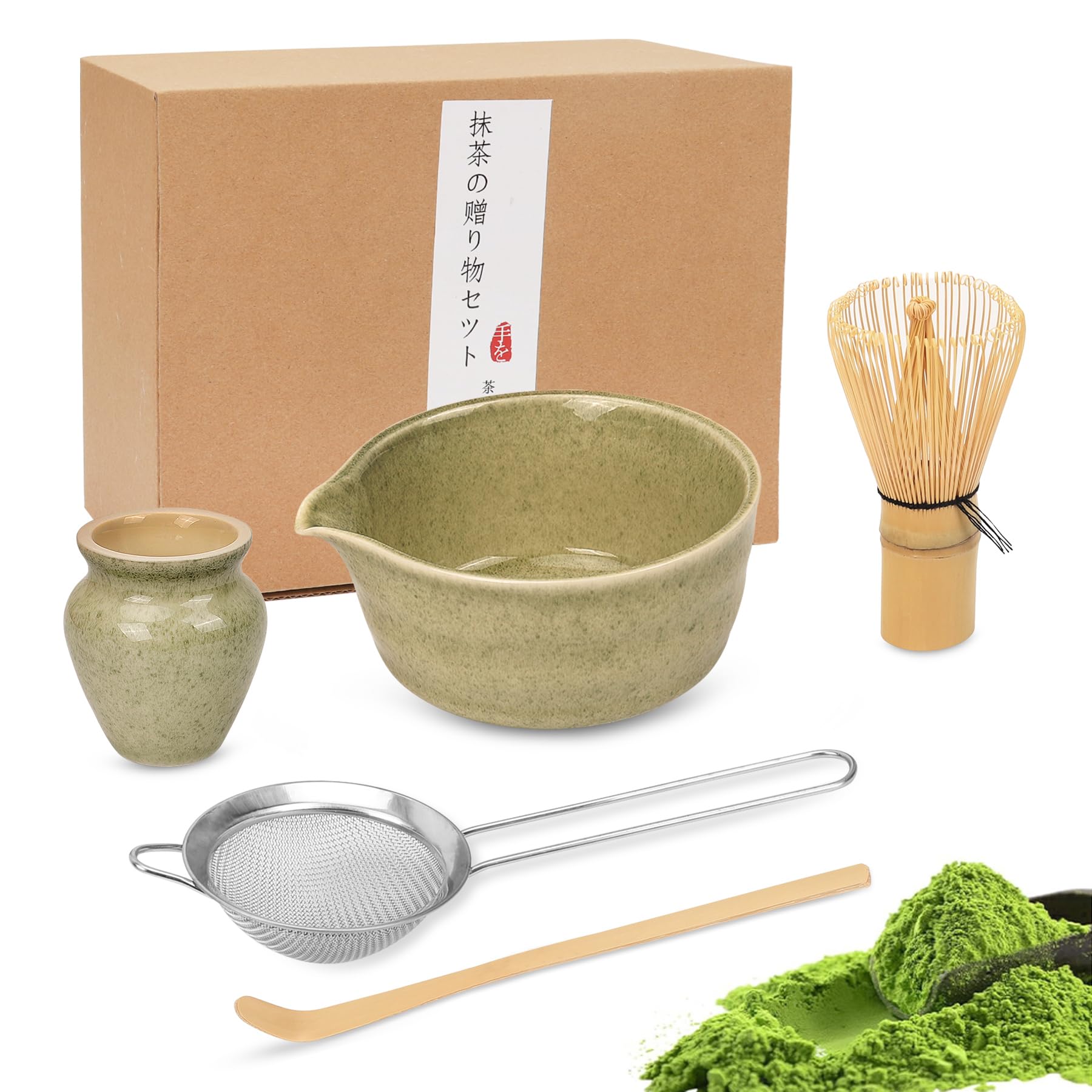 Kit de thé matcha de qualité supérieure avec fouet en bambou – Bol, cuillère et support inclus – Idéal pour la cérémonie