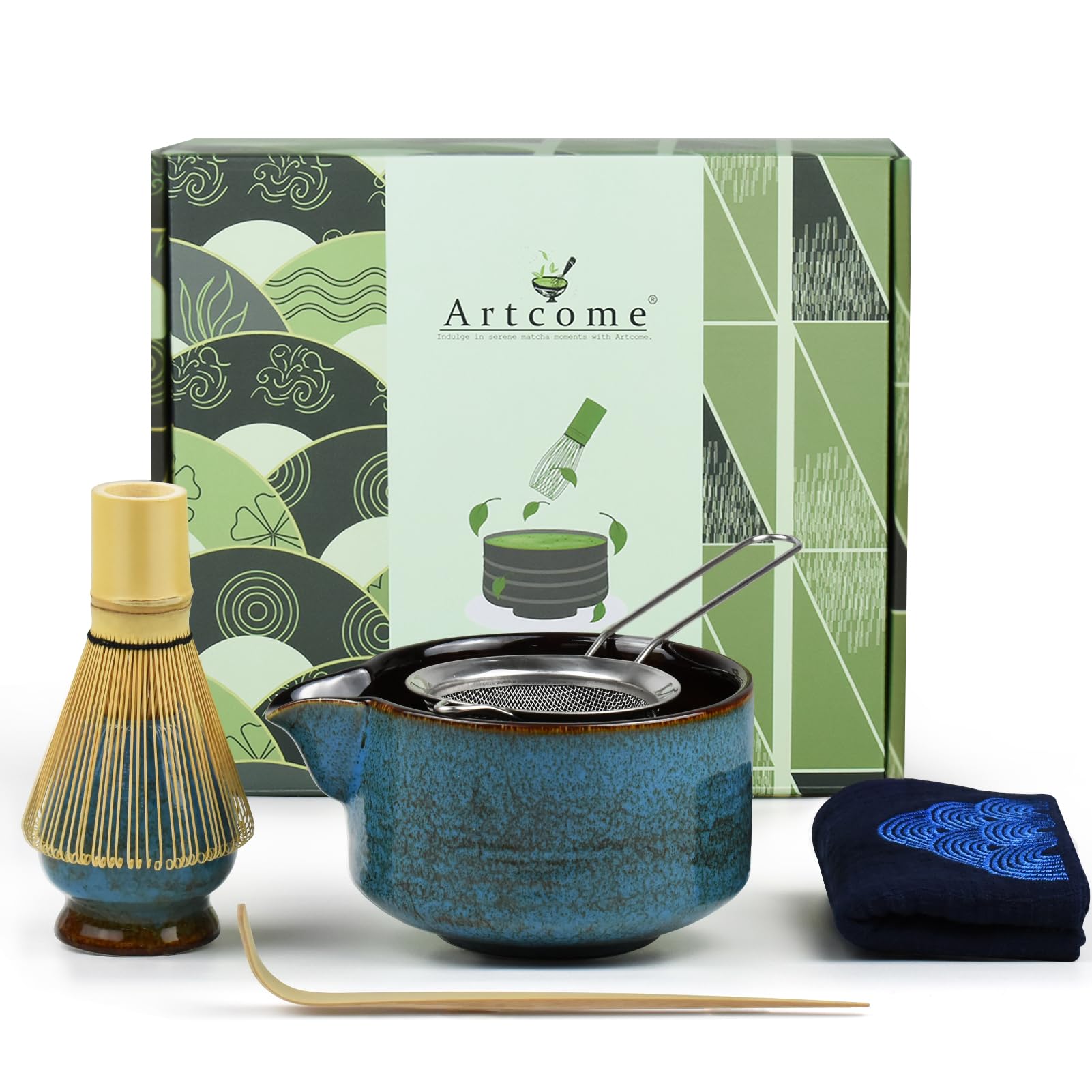 Artcome - Kit complet de cérémonie de thé matcha - 7 pièces : bol, fouet, cuillère, passoire, poudre, Usucha, Koicha, Ma