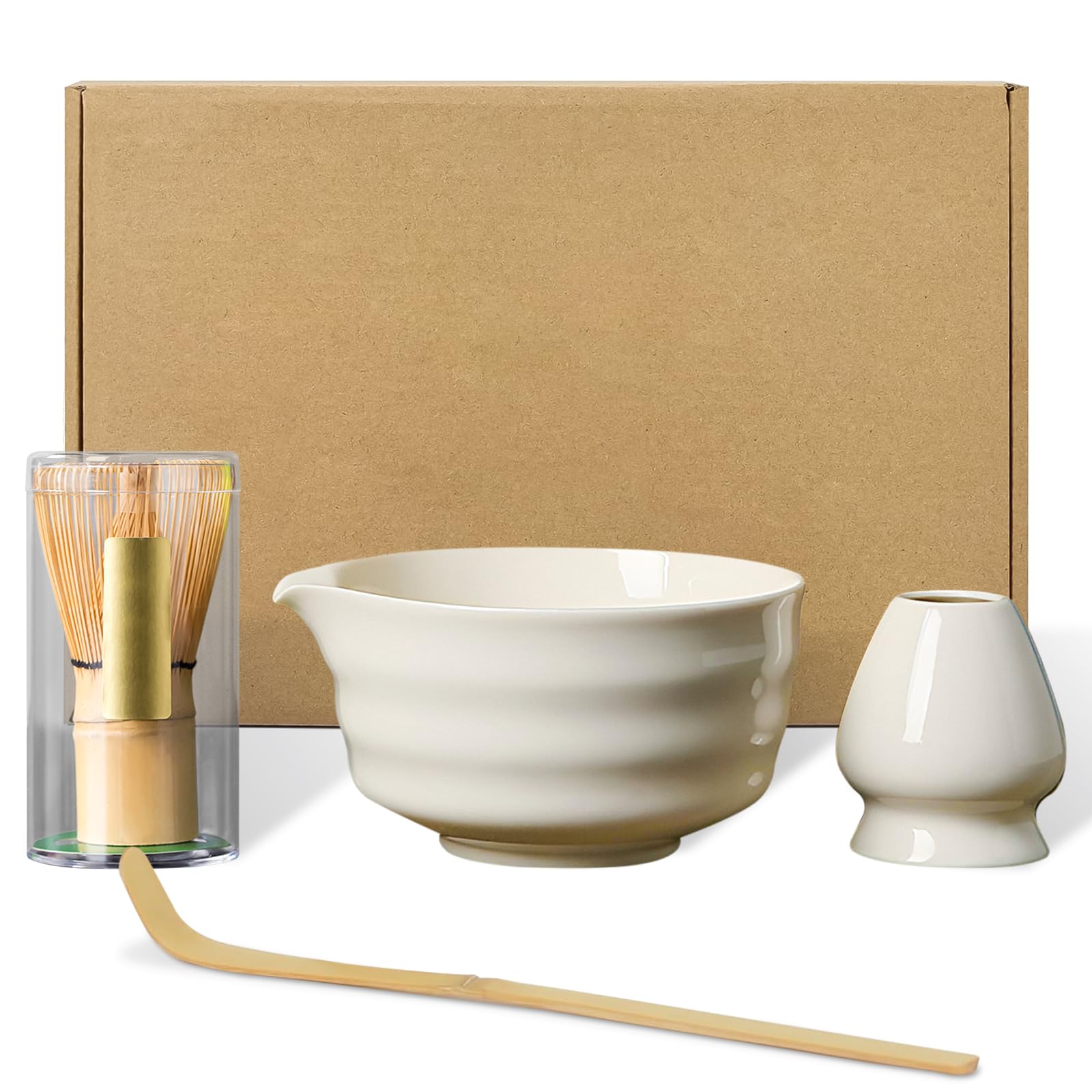PZCC Matcha Japonais 4 Pièces Blanc pour Amateurs avec Fouet et Cuillère en Bambou