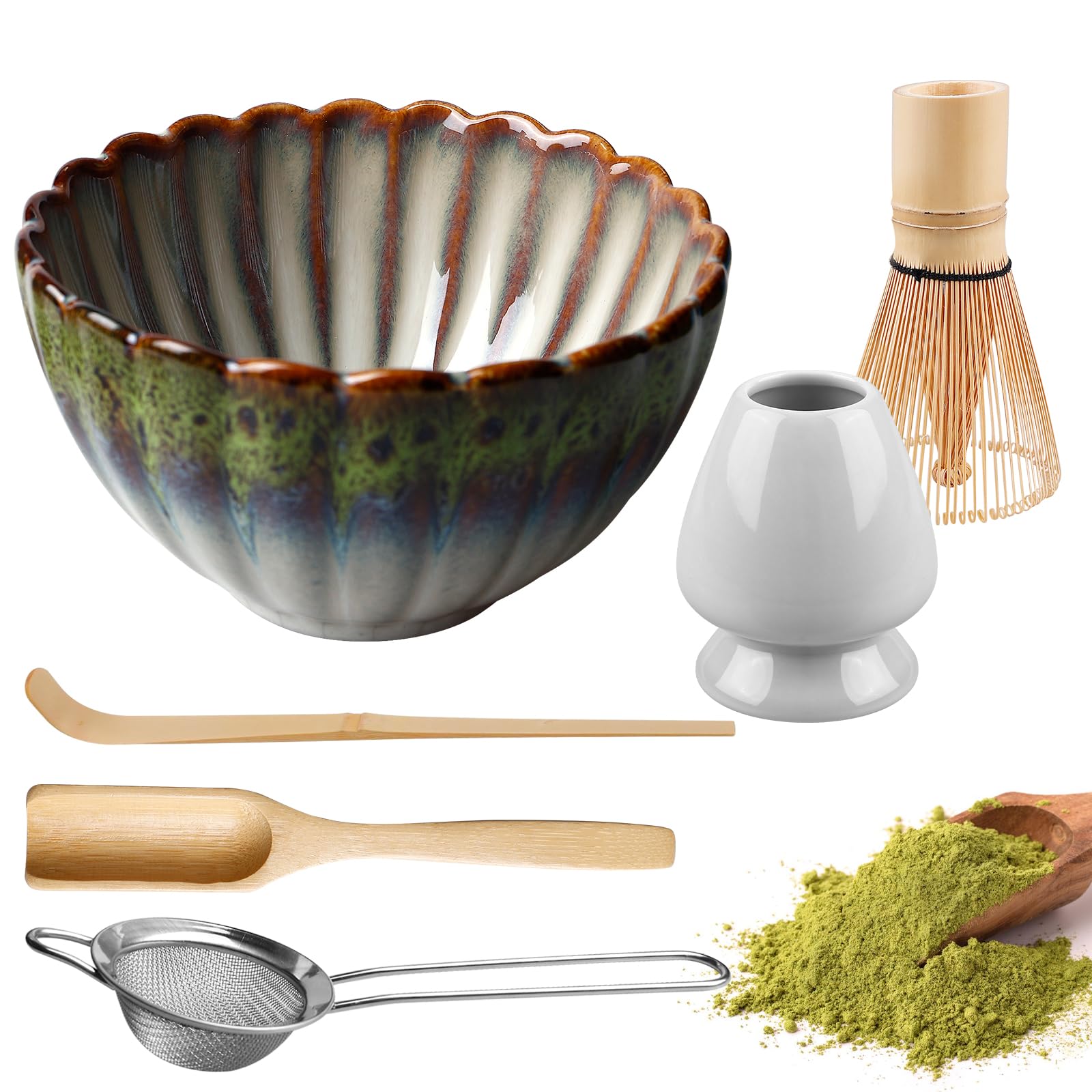 Matcha Japonais Kit, Ensemble de Thé Matcha 6 Pièces, Set Cérémonie Matcha Bamboo Whisk, Cuillère Thé, Bol Céramique Art
