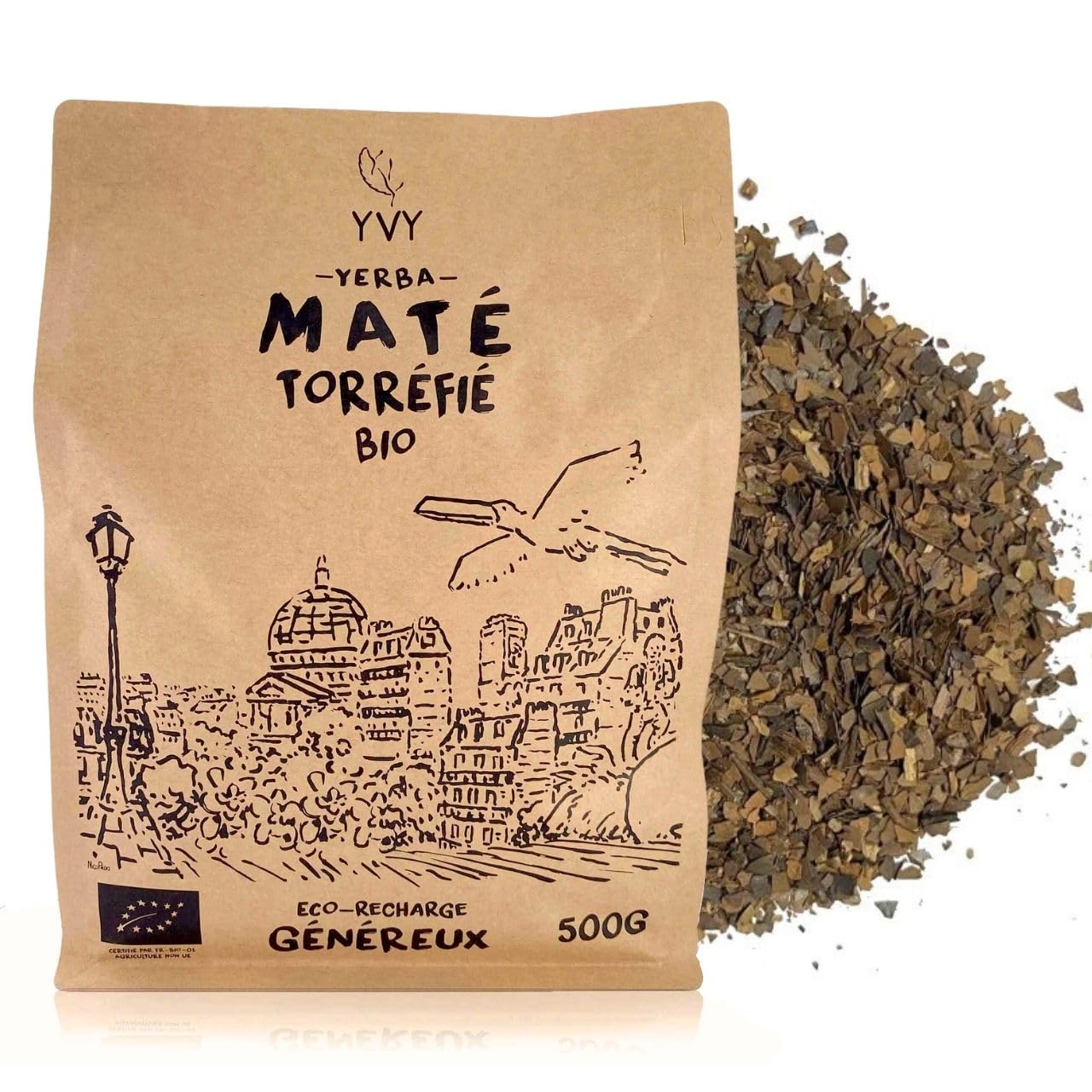 YVY MATÉ Yerba Mate Bio Torréfié 500g | Maté Bio Équitable et Non Fumé | Idéal pour consommation quotidienne | Boisson c