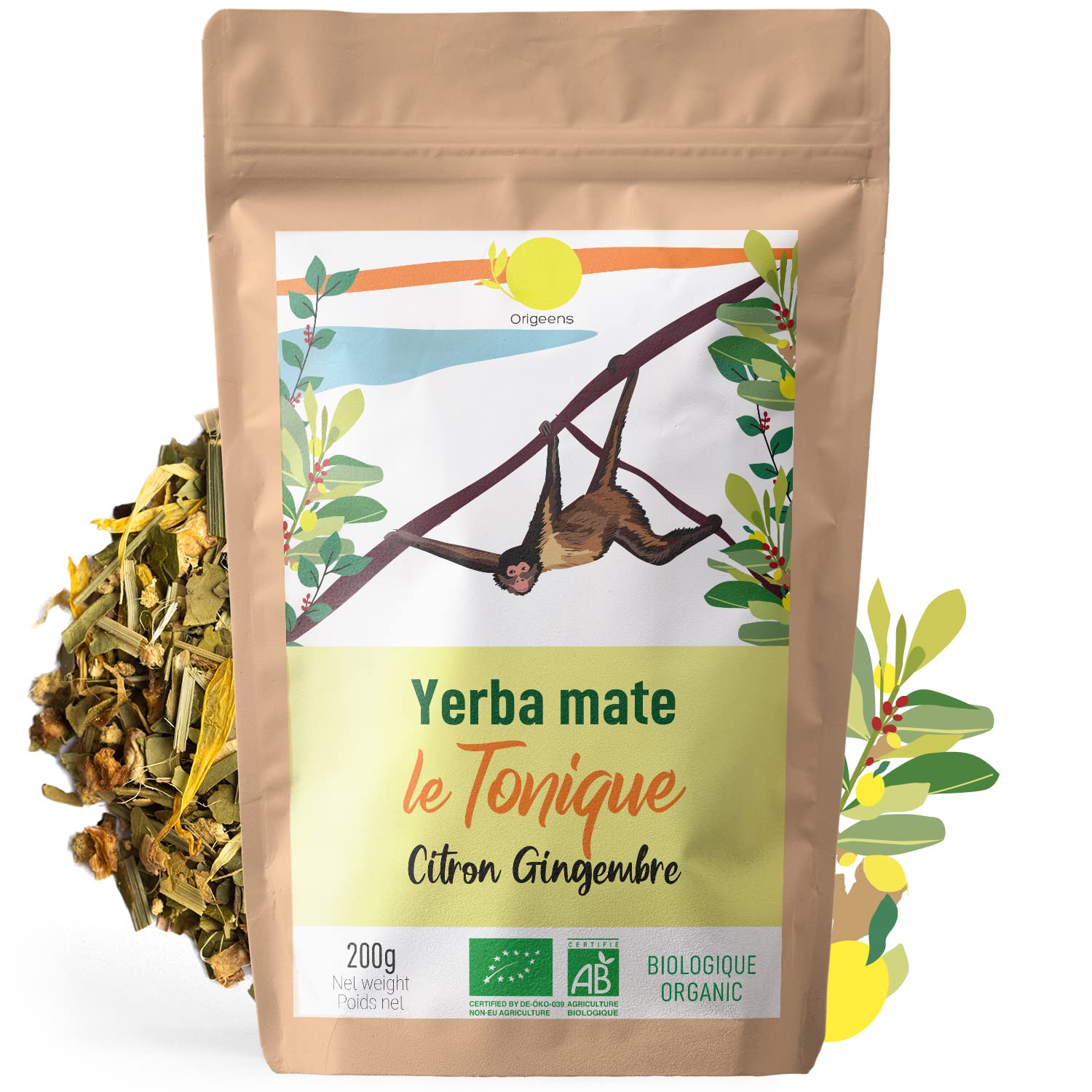 ORIGEENS Yerba Mate Bio Citron Gingembre 200g | Tonic Boisson Énergie et Detox | Yerba Mate Bio Non Torréfié Sans Poussi