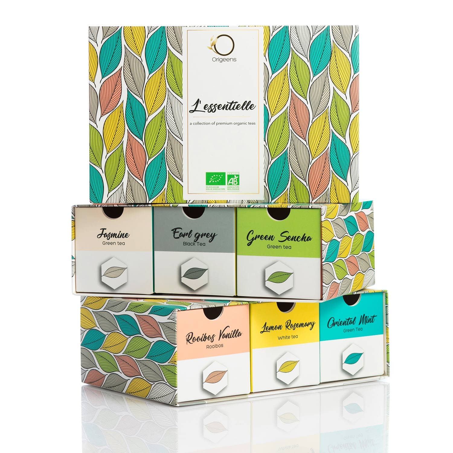 ORIGEENS Coffret Thé Bio L'Essentielle | Assortiment de 6 Grands Thés, 48 Sachets Pyramide | Idée Cadeau EU Organic