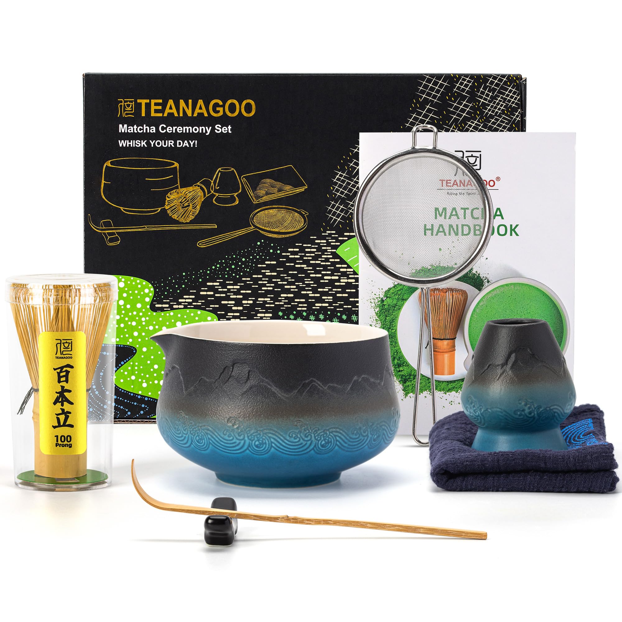 Matcha TEANAGOO Kit 7 Pièces Bolavec Bécverageur Fouet Bambou Noir Navy