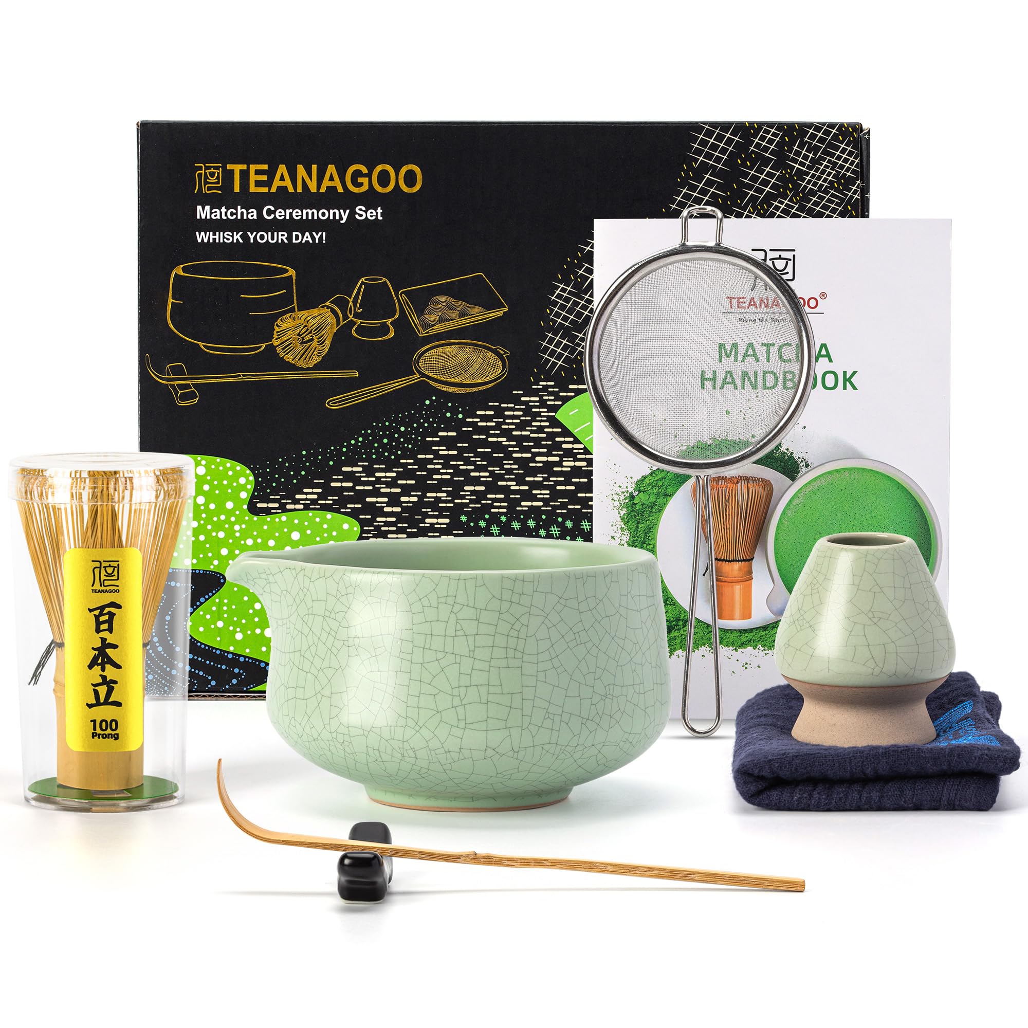 TEANAGOO Ensemble de 7 fouets à matcha vert - Kit de démarrage pour la cérémonie du matcha - Bol à matcha vert avec bec 