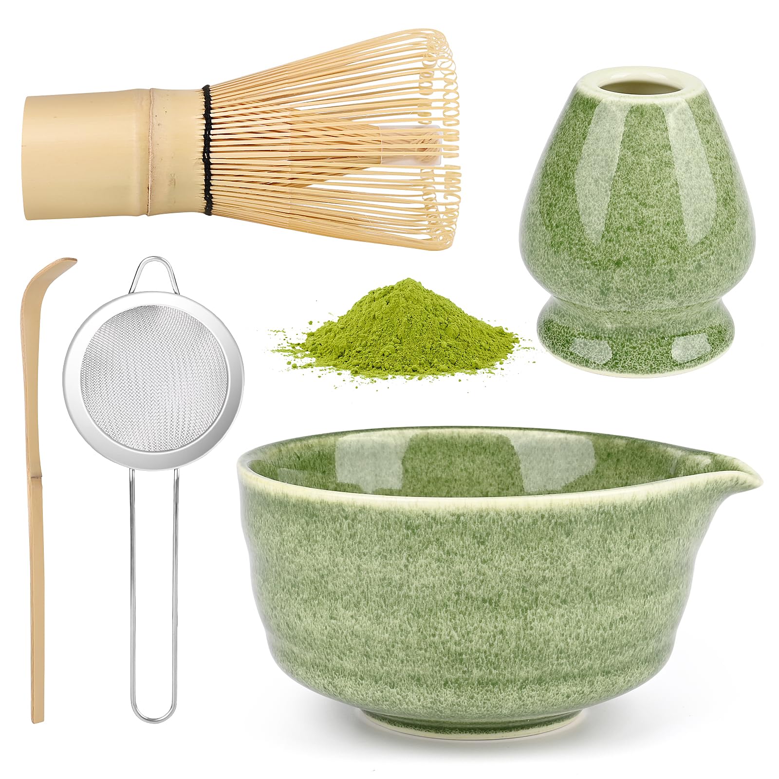Matcha Kit 5 Pièces pour Cérémonie du Thé, Ensemble Bol et Fouet avec Tamis et Cuillère (D)